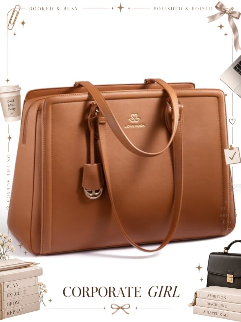 LOVEVOOK Faux Leather Laptop Tote Bag Double Handle Work Satchel